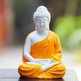 White and orange FrontCraft Handcrafted Polyresin Sitting Meditation Dhyan Buddha statue, 9cm x 14cm x 3.5cm from India