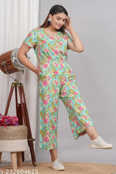 Sea green rayon jumpsuit with prints, women's fashion essential
