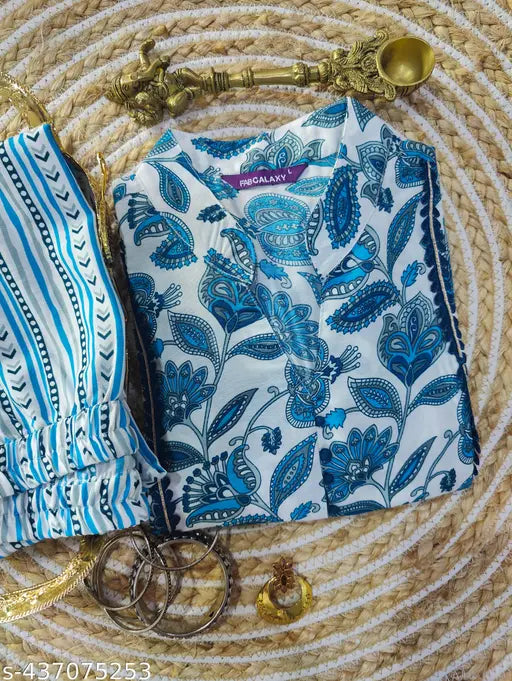 Blue and White Floral Printed Cotton Blend Rayon Anarkali Kurta Pant Set with Pockets Gotta Patti Detailing - Indian ethnic wear with 3/4 sleeves and full elastic waist palazzo pants, perfect for casual outings or festive occasions