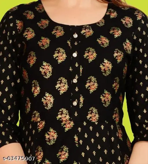 Gold print rayon Anarkali kurti, three-quarter sleeves, Indian printed women's fashion