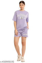Lavender pure cotton printed nightsuit set: top & shorts, cozy, breathable, California print, soft sleepwear, India origin