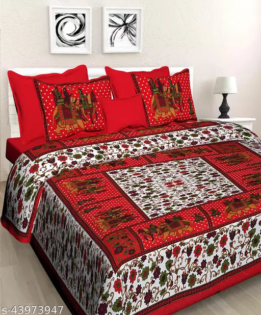 Cotton floral Jaipuri bedsheets combo with 4 pillow covers, traditional Indian design