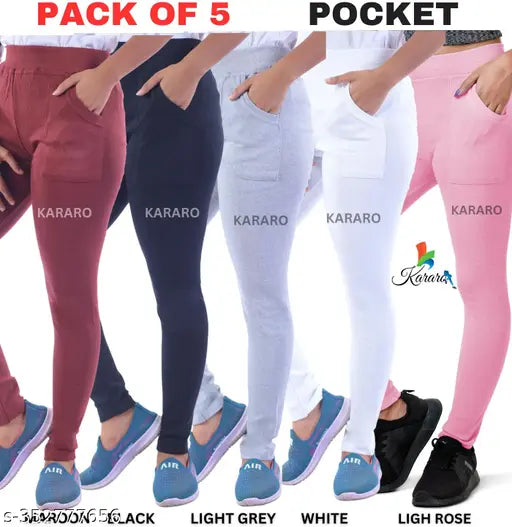 Cotton Lycra jeggings pack of 5, stylish and comfortable for women, cotton-blend solids, hosey cotton waste recycled fabric details