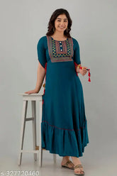 Dark blue embroidered Anarkali kurta (Rayon, short sleeves), traditional Indian festive wear