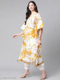 Indibelle cotton mustard tie-dye print kaftan kurti - vibrant three-quarter sleeve kaftan with elastic waist, lace detailing, side slit, and calf length in various sizes (S-XXL)