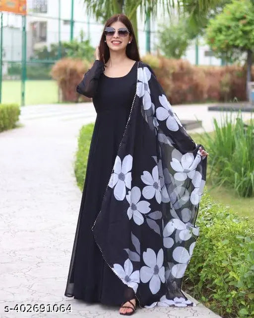 Black Georgette Kurti with Dupatta, long sleeves, floral print, party wear