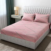 Pink, premium soft cotton elastic fitted King Size Double Bed Sheet with two pillow covers, featuring 360 elasticated floral design. Made from high-quality Indian cotton