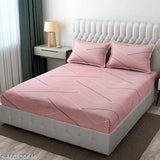 Pink cotton fitted king-size double bed sheet with 2 pillow covers, elasticated floral pattern, and 250 thread count. Made in India