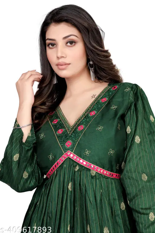 Green jacquard embroidered maxi dress with pleats and long sleeves, handcrafted in India for stylish party wear