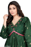 Green jacquard embroidered maxi dress with pleats and long sleeves, handcrafted in India for stylish party wear