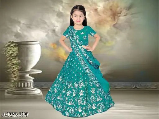 Embroidered taffeta silk lehenga cholis for kids, net dupatta with short sleeves. Indian traditional outfit for girls ages 0-15 years