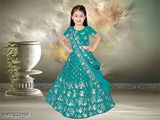 Embroidered taffeta silk lehenga cholis for kids, net dupatta with short sleeves. Indian traditional outfit for girls ages 0-15 years