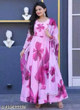 Sadabahar Floral Print Georgette long-sleeved dress, printed pattern on model, Indian apparel for women size S to XXL