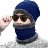 Blue wool beanie cap with muffler, fox fur lining, winter accessory for men and women