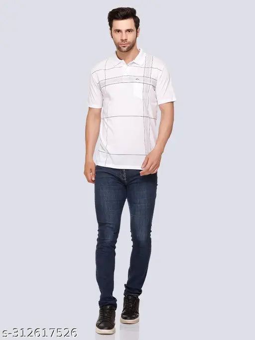 Blue cotton blend men's striped polo t-shirt, short sleeves, checked pattern