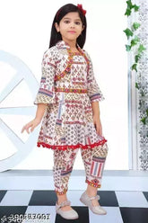 Cotton Cambric kids kurta set for girls, applique and printed net Rajasthani clothes from India