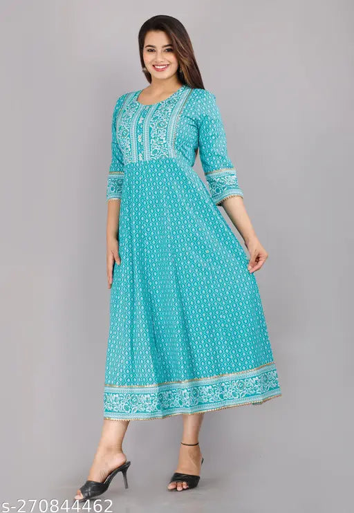 Peach rayon Anarkali kurta, printed combo, three-quarter sleeves, India-made fashion wear