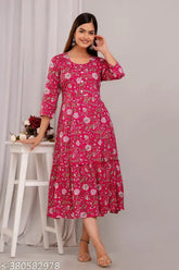 Rayon dijital print Anarkali kurti for women, three-quarter sleeves, fashionable, vibrant digital combo on traditional style kurti, size S-XXXL