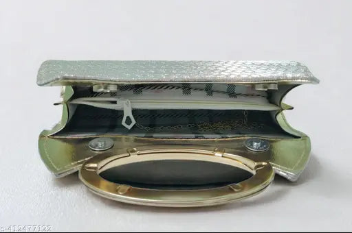 Golden-handled PU Women's Trendy Clutch. Sleek, compact design perfect for night out or formal events