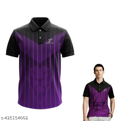 Modern striped polyester men's sports jersey half sleeve t-shirt, trendy and classic glamorous style for parties or leisure. Sizes: S - XXL, chest size 36in - 44in, length size 25in - 29in. Made in India