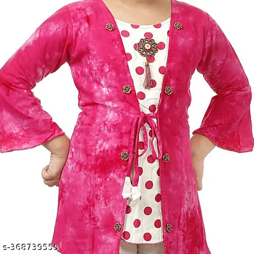 Pink and White Printed Rayon Anarkali Kurta with Palazzo for Women & Girls. Traditional Indian ensemble with A-line top and palazzo pants, suitable for various occasions