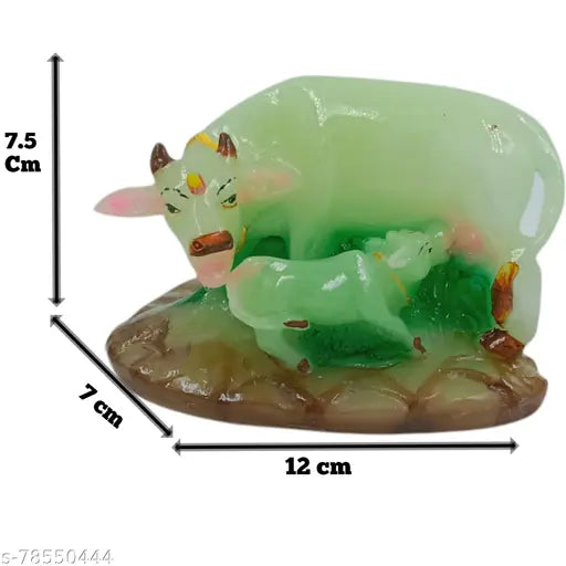 Polystone Kamdhenu Cow and Calf Statue, 12cm Radium Cow for gift home decor