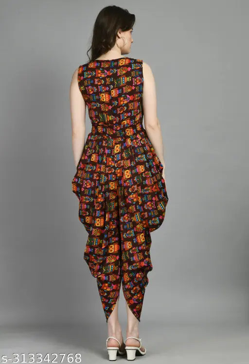 Multicolor crepe jumpsuit with brown owl print, soft and fashionable for women and girls, available in sizes M, L, XL. India-made party outfit on mannequin