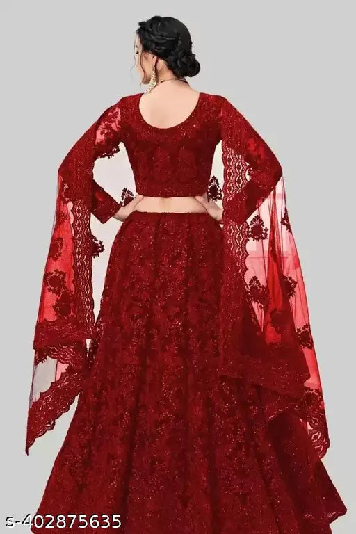 Peach embroidered semi-stitched Lahenga Choli with unstitched blouse on mannequin, Indian net topwear and bottomwear set for women's traditional festive wear