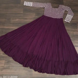 Purple Georgette Fancy Kurti with Sequin Work - Indian designer gown in solid color, three-quarter sleeves. Perfect for weddings and parties