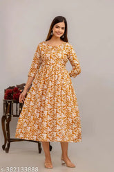 Women's rayon printed A-line Anarkali kurti with three-quarter sleeves, vibrant Indian floral pattern, size S (36in bust), accessory for festive occasions