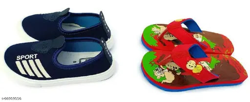 Kids canvas casual shoes & PVC slippers combo for toddlers, slip-on design with elastic back band - 2 pairs, size range: 2-2.5 Years, 2.5-3 Years, 3-3.5 Years, 3.5-4 Years, 4-4.5 Years, 4.5-5 Years, 5-5.5 Years, 5.5-6 Years, made in India