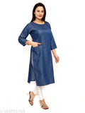 Dark denim round neck kurti, three-quarter sleeves, solid design. M (38in bust, 40in length), available in various sizes