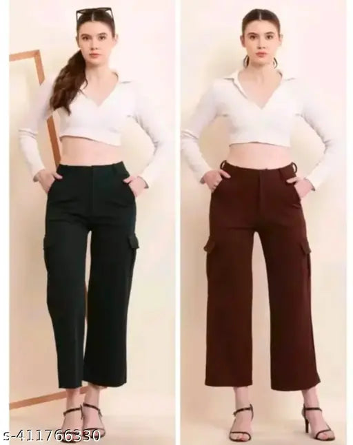 Lycra solid net 4-pocket cargo pants for women, pack of 2 - Women's casual pants with four pockets, Indian-made