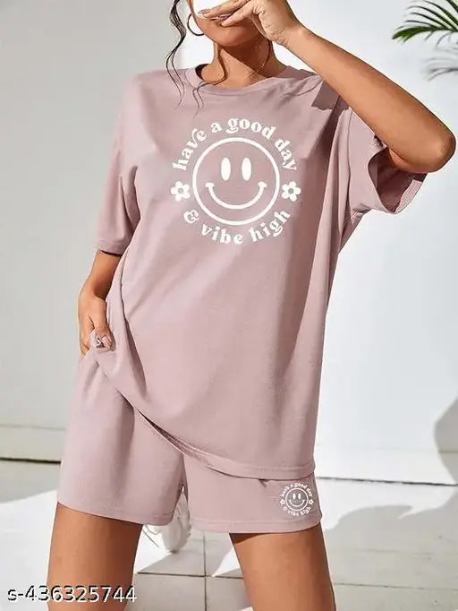 Cotton blend night suit for women and girls, printed net design, loose fit pajama set with shorts