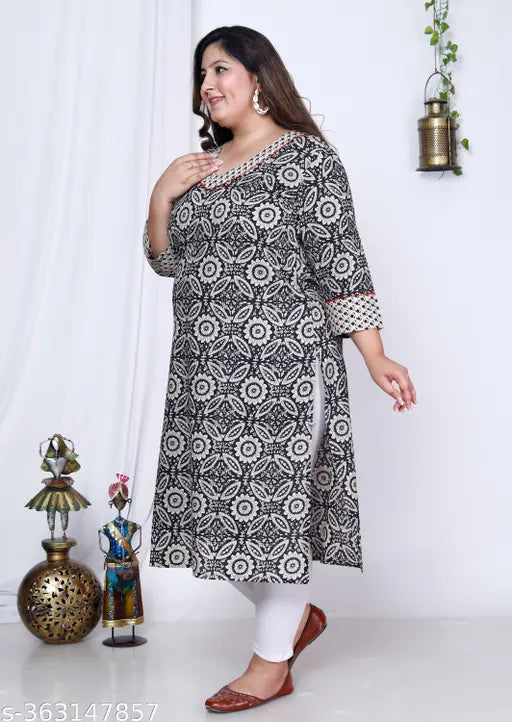 Black cotton kurti with floral print, plus size, straight fit for women