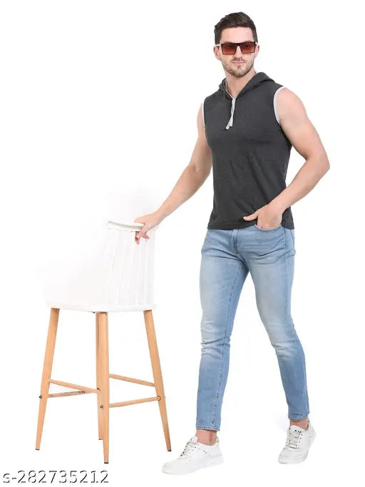 Cotton sleeveless hoodie neck solid T-shirt for men, stay cool and comfy this summer, India made