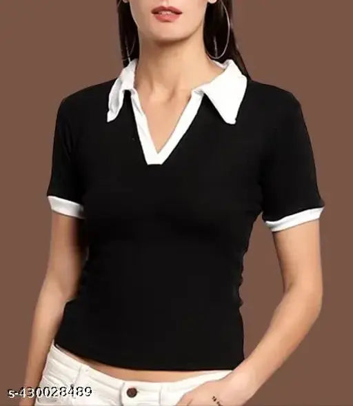 Contrast white collar cotton blend polo t-shirt for women, lycra, short sleeves, stylish, fashion-forward, skin-friendly