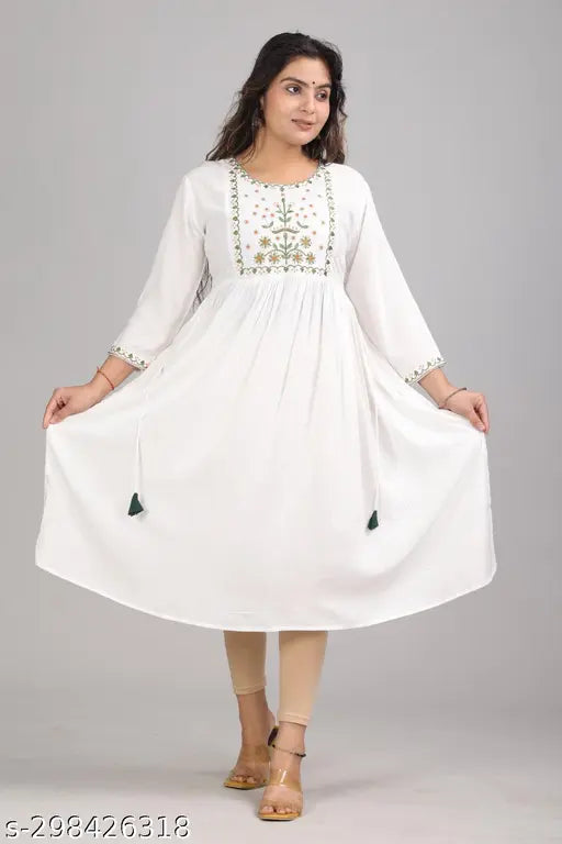 Unique white rayon embroidery, three-quarter sleeves, intricate Indian embroidery design on display