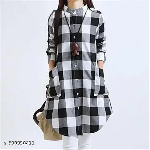 Black wool check shirts, three-quarter sleeves, trendy women's fashion from Zubia Naaz, India