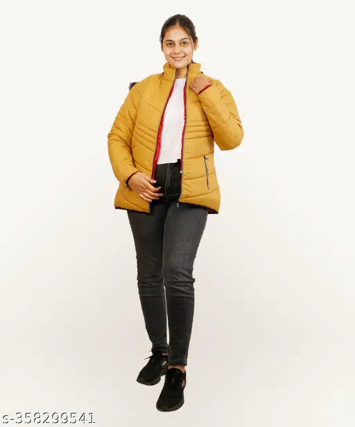 Mustard nylon women's jacket (XL/XXL), solid pattern, party and fancy wear with detachable hood