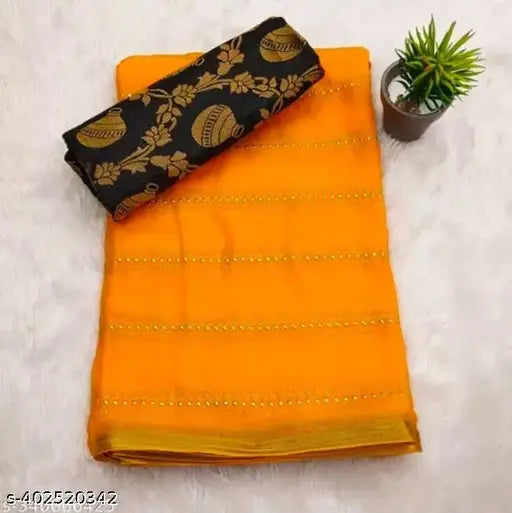 Gold foil embellished chiffon saree in free size, perfect for party wear and festivals like Karwa Chauth, Diwali, Durga Puja, Raksha Bandhan, Ganesh Chaturthi, Navratri, Sawan collection. Indian origin, trending shibori print." (123 characters)