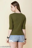 Olive green cotton women's half sleeve t-shirt with solid pattern, suitable for girls sizes XS-XL