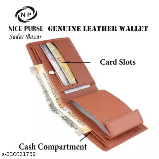 Brown faux leather bi-fold wallet, durable PU material with 2 compartments. Slim design, perfect for daily use. High quality men's accessory, made in India
