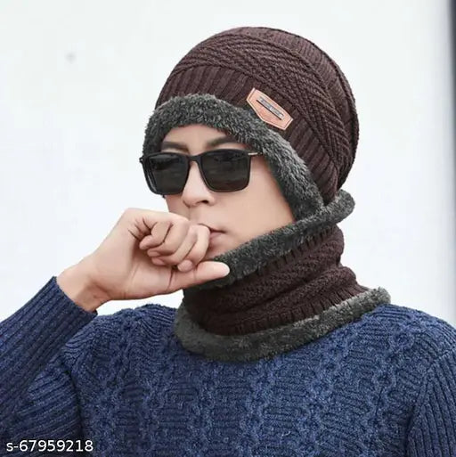 Wool fur-lined winter cap & neck warmer, two pieces for cold-weather protection