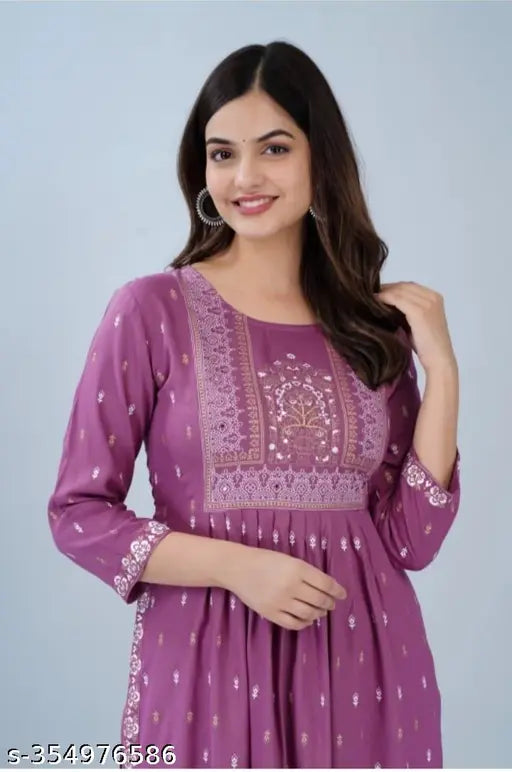 Rayon embroidered Nayra Kurti, beautiful printed naura cut women's kurti with three-quarter sleeves, latest Indian fashion