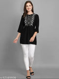 Black embroidered rayon women's tunic top, solid crepe sleeves, 3/4 length. Limited edition round neck design for everyday wear with jeans and sneakers, 100% breathable rayon fabric from India