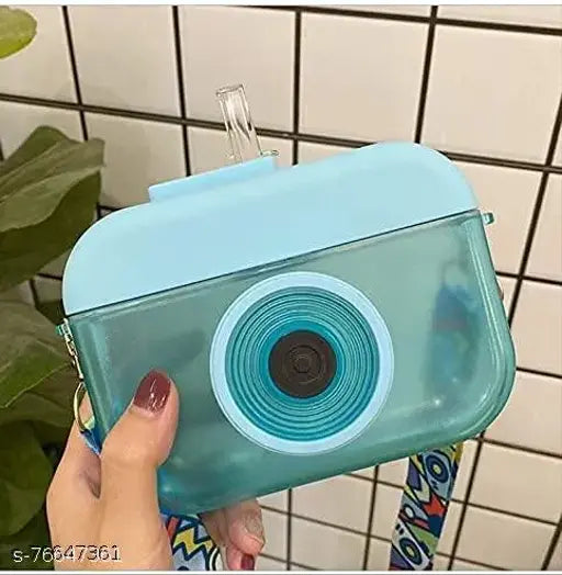 Multicolor camera-shaped kids' sipper bottle with straw (400ML), BPA-free plastic, ideal for schooling, travel, hiking, and outdoor activities