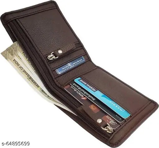 Brown faux leather casual wallet, 3 compartments, 3 card slots, zip coin pocket, free size (10cm x 2cm) - SONRISA PU wallet from India
