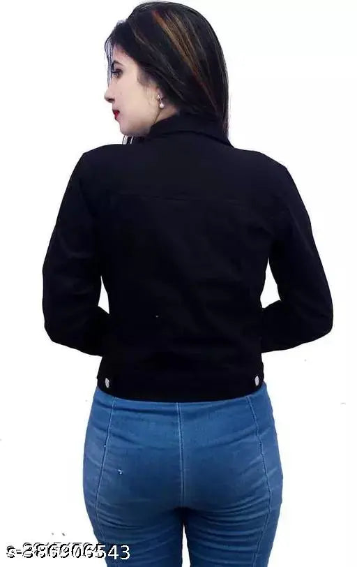 Black denim jacket, tailored fit, long sleeves, solid design, women's wardrobe essential, India