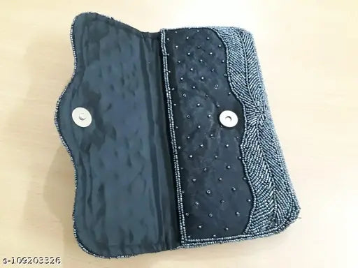 Grey embroidered net fabric beaded clutch, free size with one compartment, Indian designer women's purse